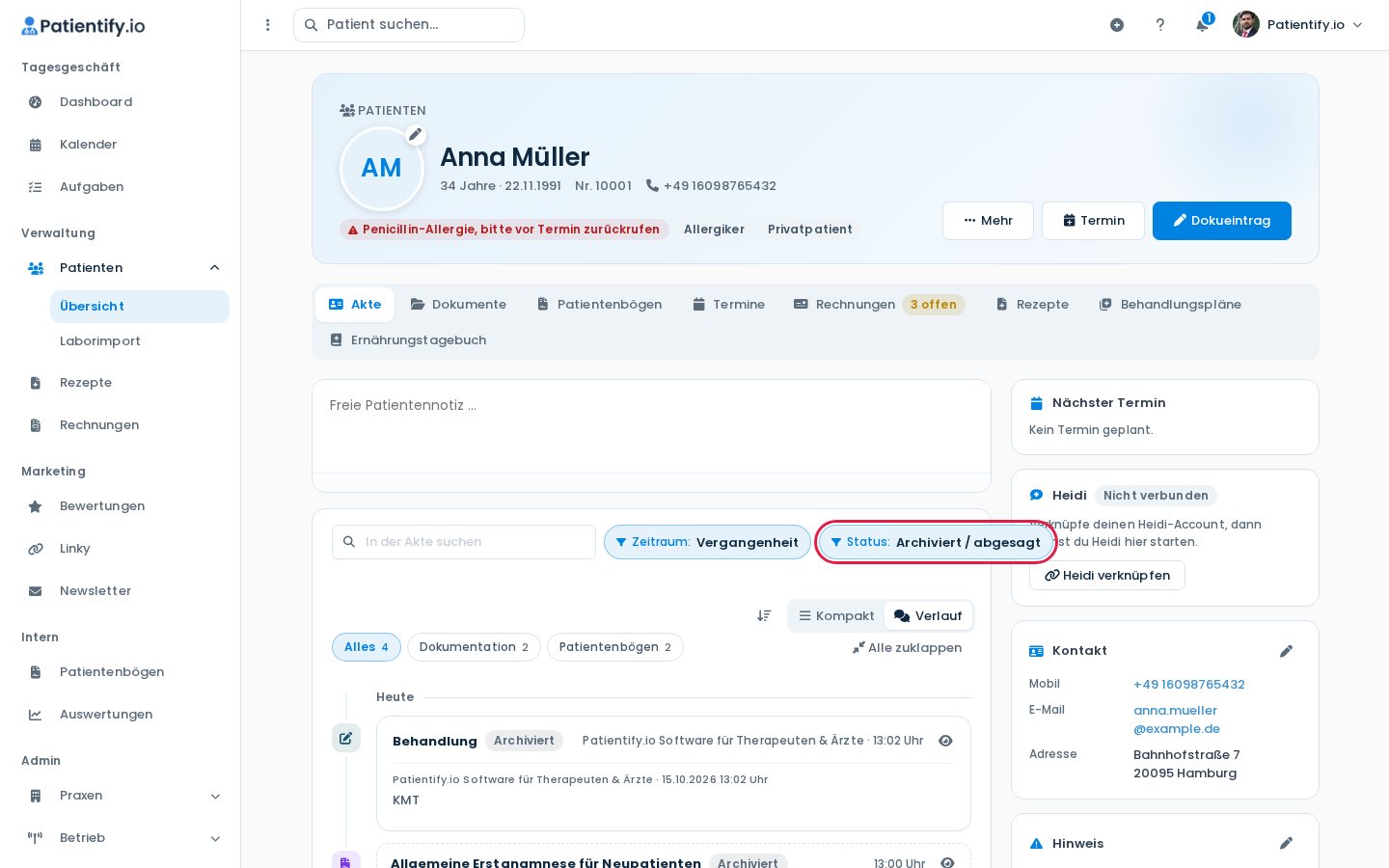 Patientenakte mit Filter Status: Archiviert / abgesagt und einem archivierten Eintrag