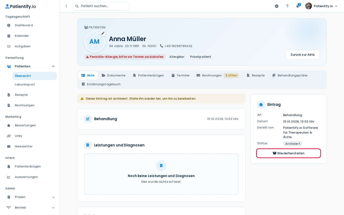 Archivierter Eintrag mit Button Wiederherstellen
