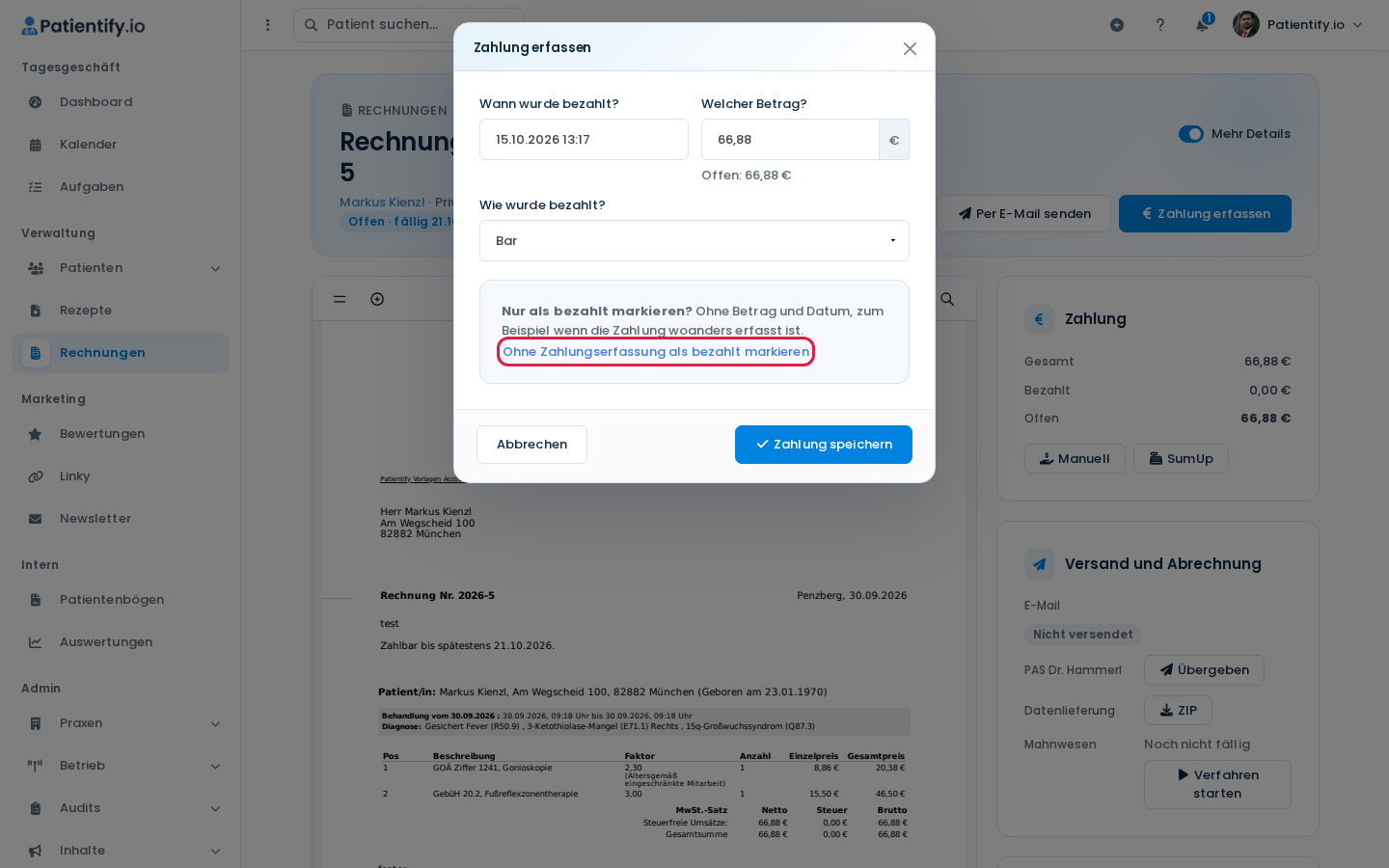 Dialog Zahlung erfassen mit der Option Ohne Zahlungserfassung als bezahlt markieren