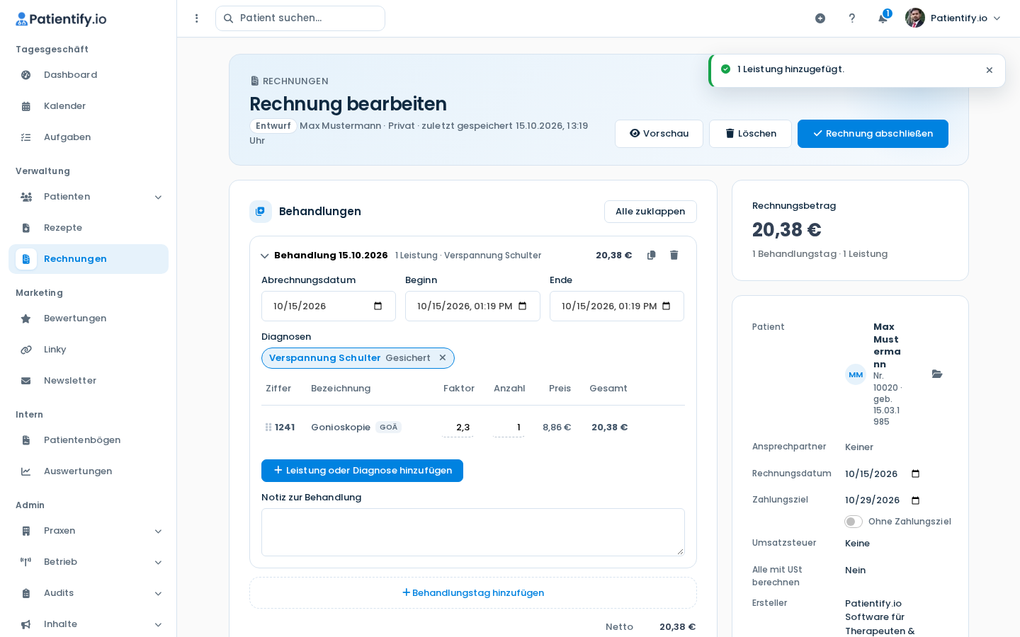 Rechnung bearbeiten mit Behandlungstag und Rechnungsdaten