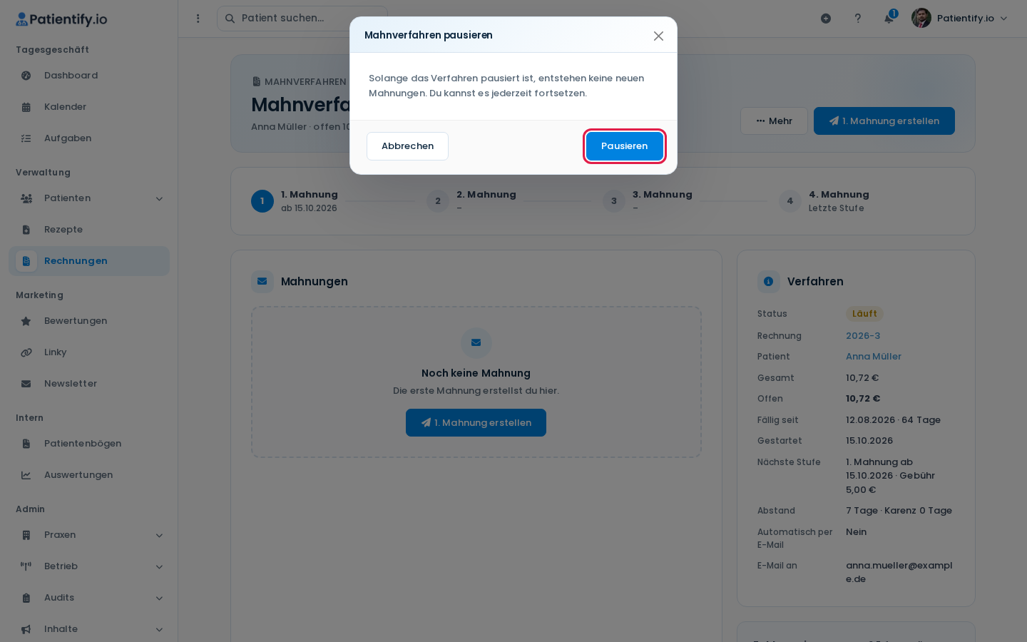 Bestätigungsdialog Mahnverfahren pausieren mit dem Button Pausieren