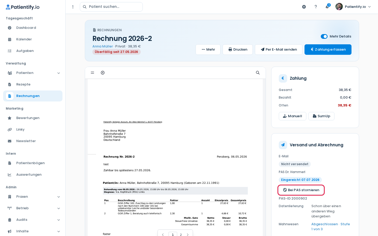 Übergebene Rechnung mit PAS-Status, PAS-ID und Button Bei PAS stornieren