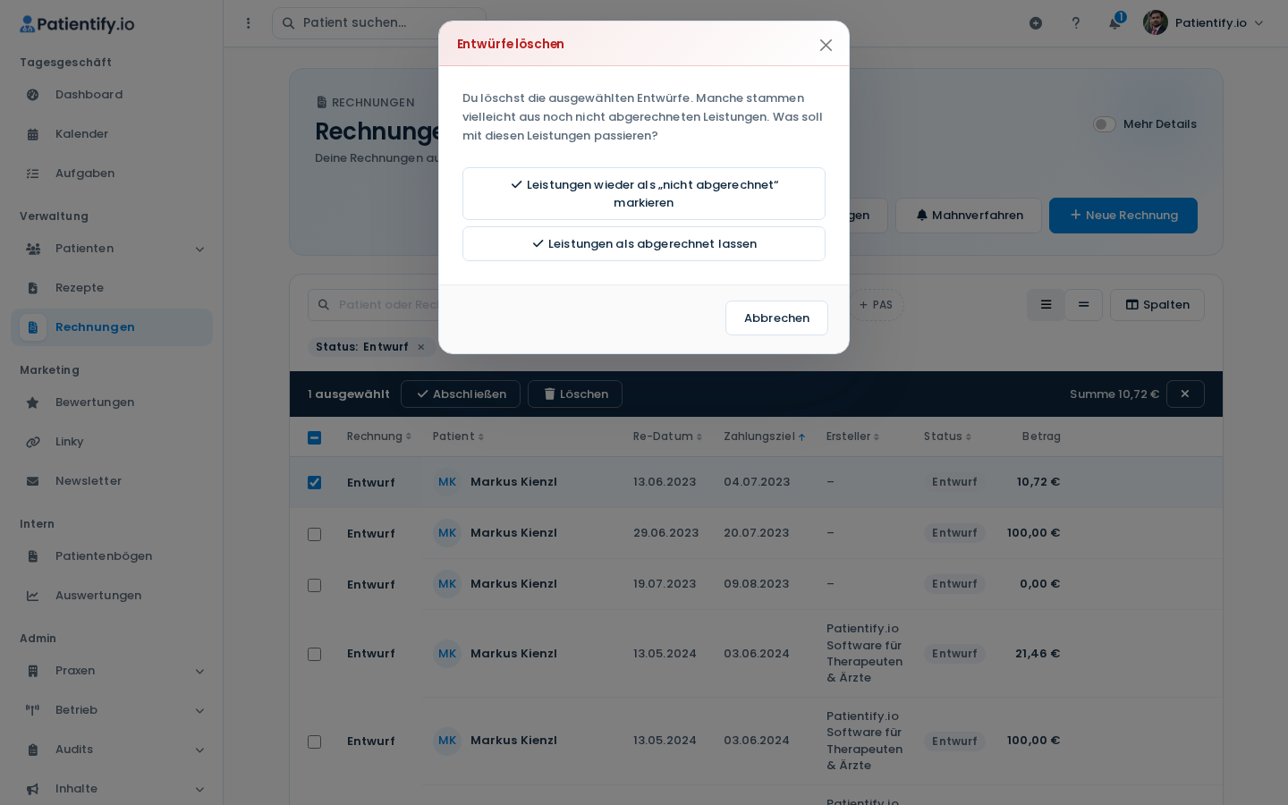 Dialog Entwürfe löschen mit zwei Optionen für die zugehörigen Leistungen