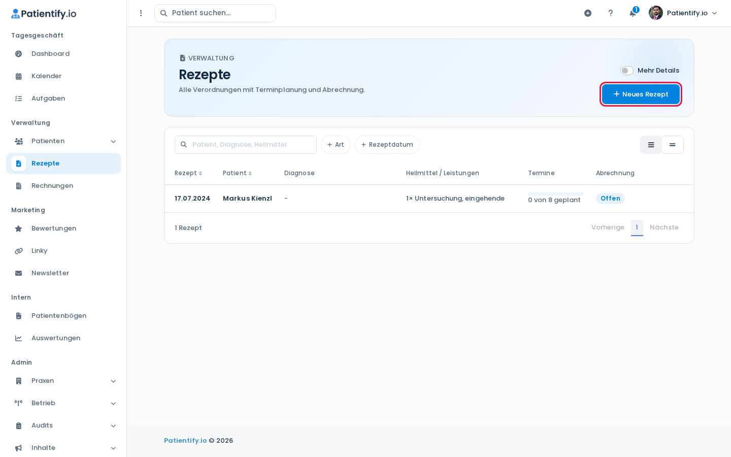 Rezeptliste mit Suchfeld, Filtern Art und Rezeptdatum und dem Button Neues Rezept