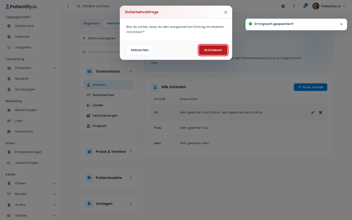Sicherheitsabfrage vor dem Archivieren mit den Buttons Abbrechen und Archivieren