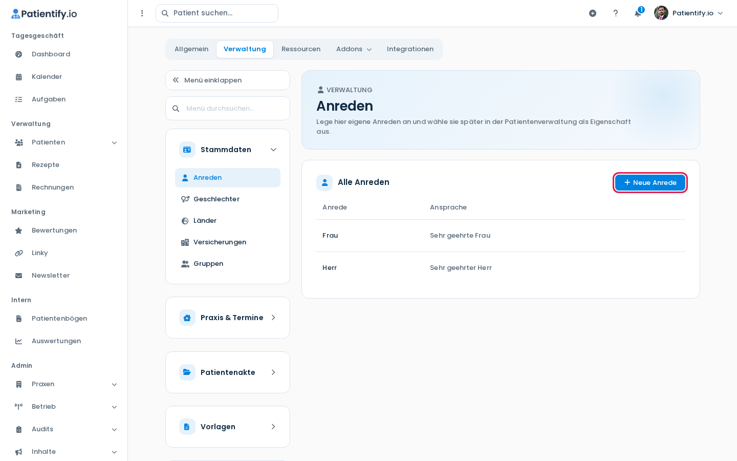 Liste Alle Anreden mit dem Button Neue Anrede