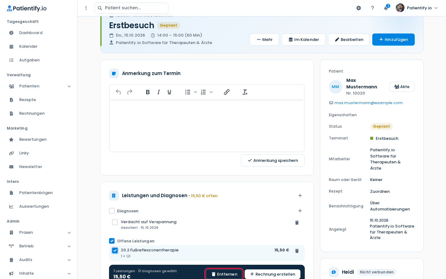 Termin mit ausgewählter offener Leistung und den Buttons Entfernen und Rechnung erstellen