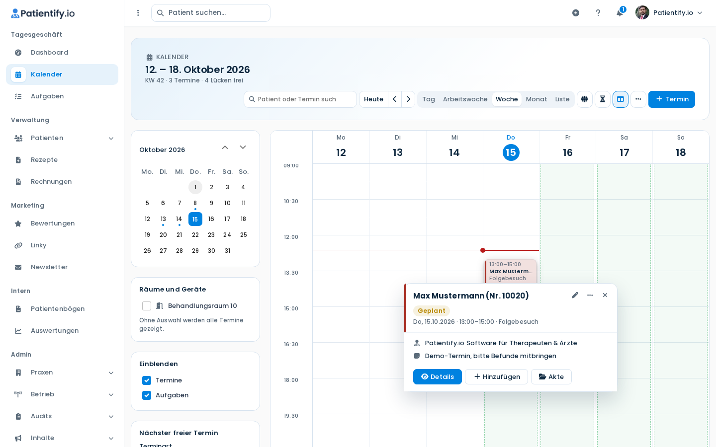 Geöffnetes Termin-Popup mit Status Geplant und den Buttons Details, Hinzufügen und Akte