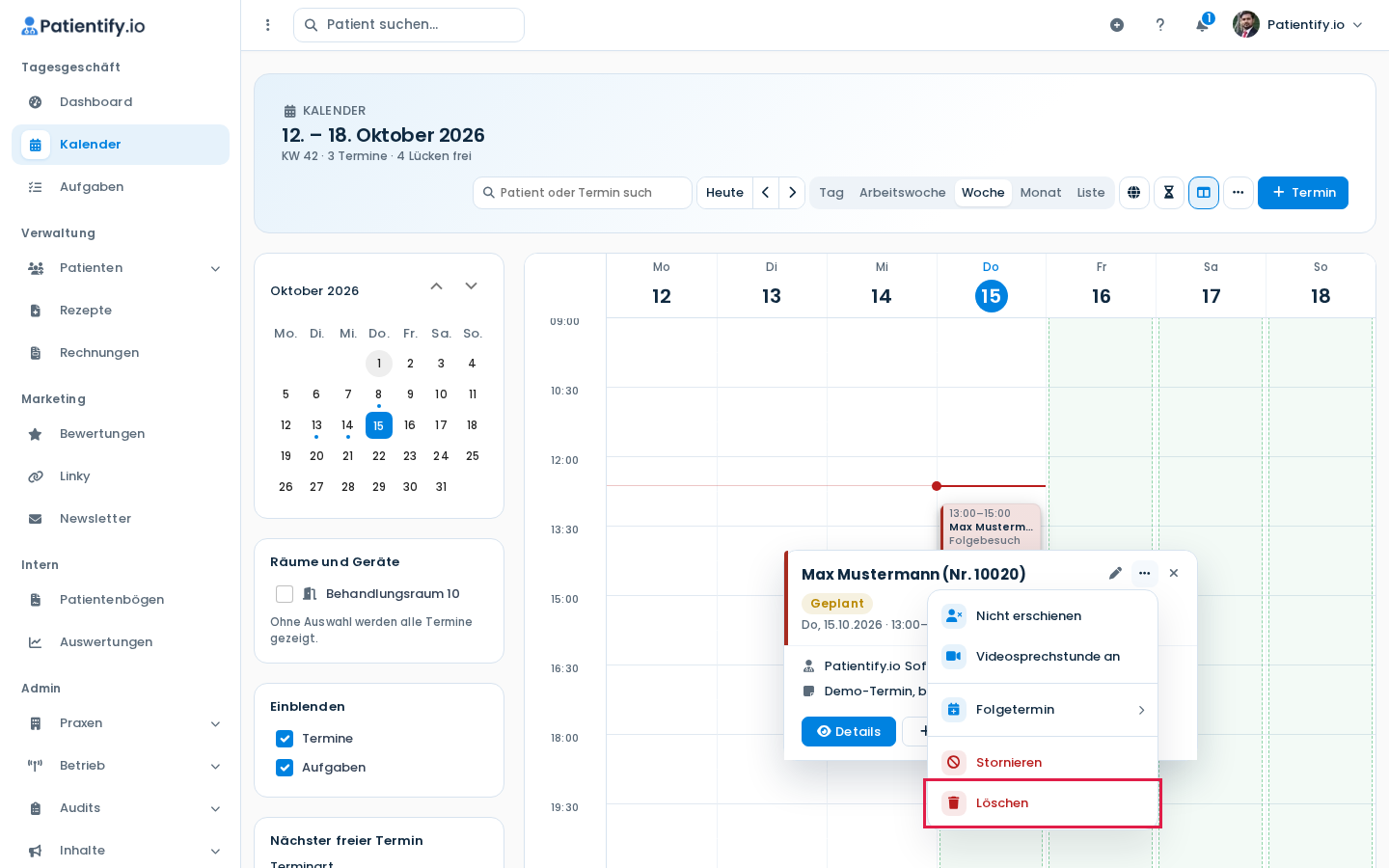Termin-Popup im Kalender mit geöffnetem Menü Mehr: Nicht erschienen, Videosprechstunde an, Folgetermin, Stornieren, Löschen