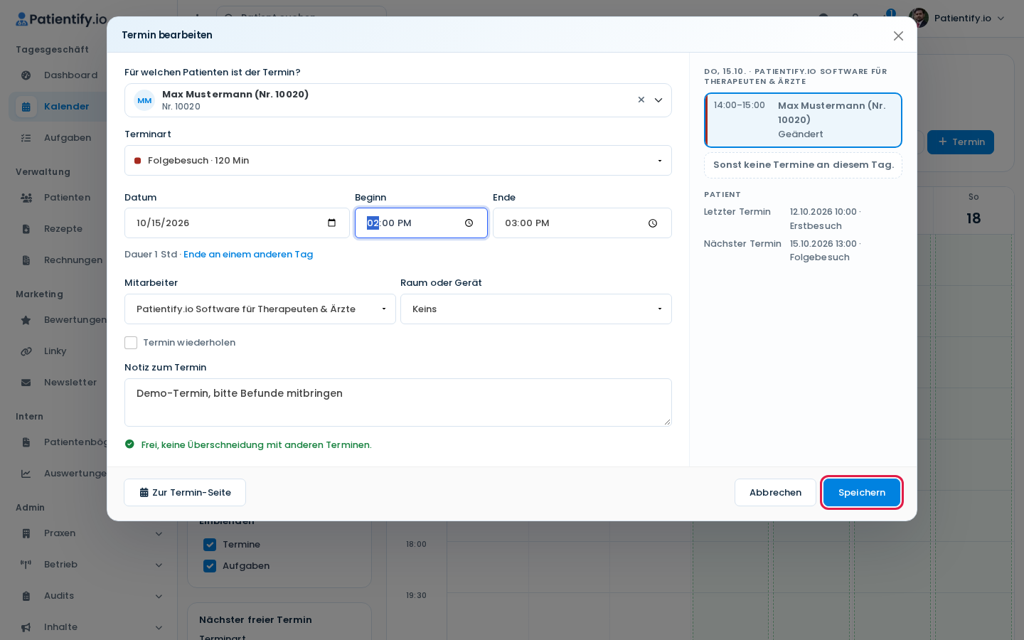 Dialog Termin bearbeiten mit Datum, Beginn, Ende, Mitarbeiter und Button Speichern