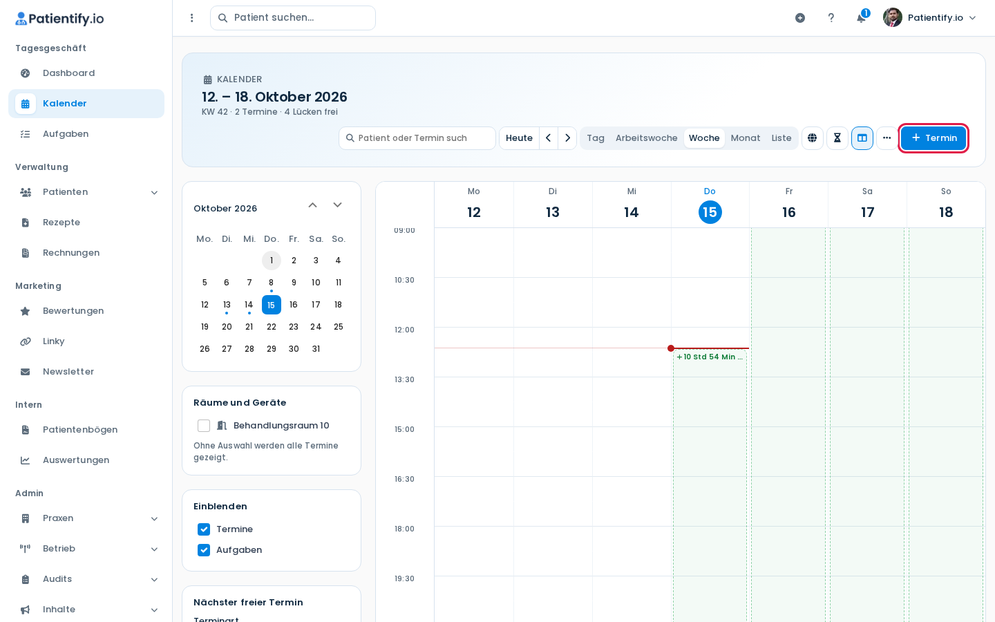 Wochenansicht des Kalenders mit Ansichtsumschalter, Monatskalender, Filtern und Button Termin