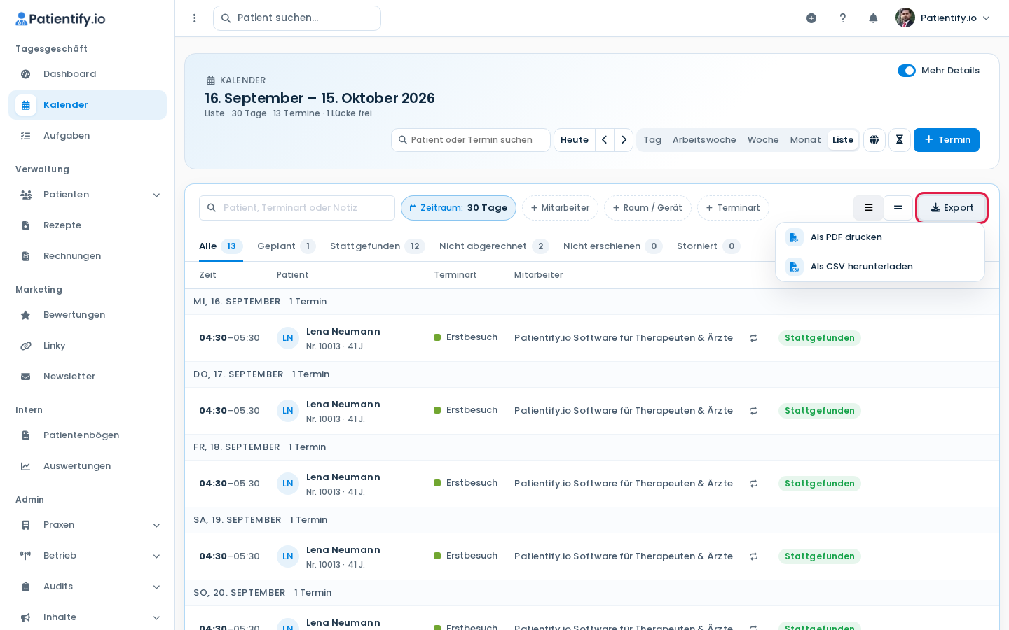 Geöffnetes Export-Menü mit Als PDF drucken und Als CSV herunterladen