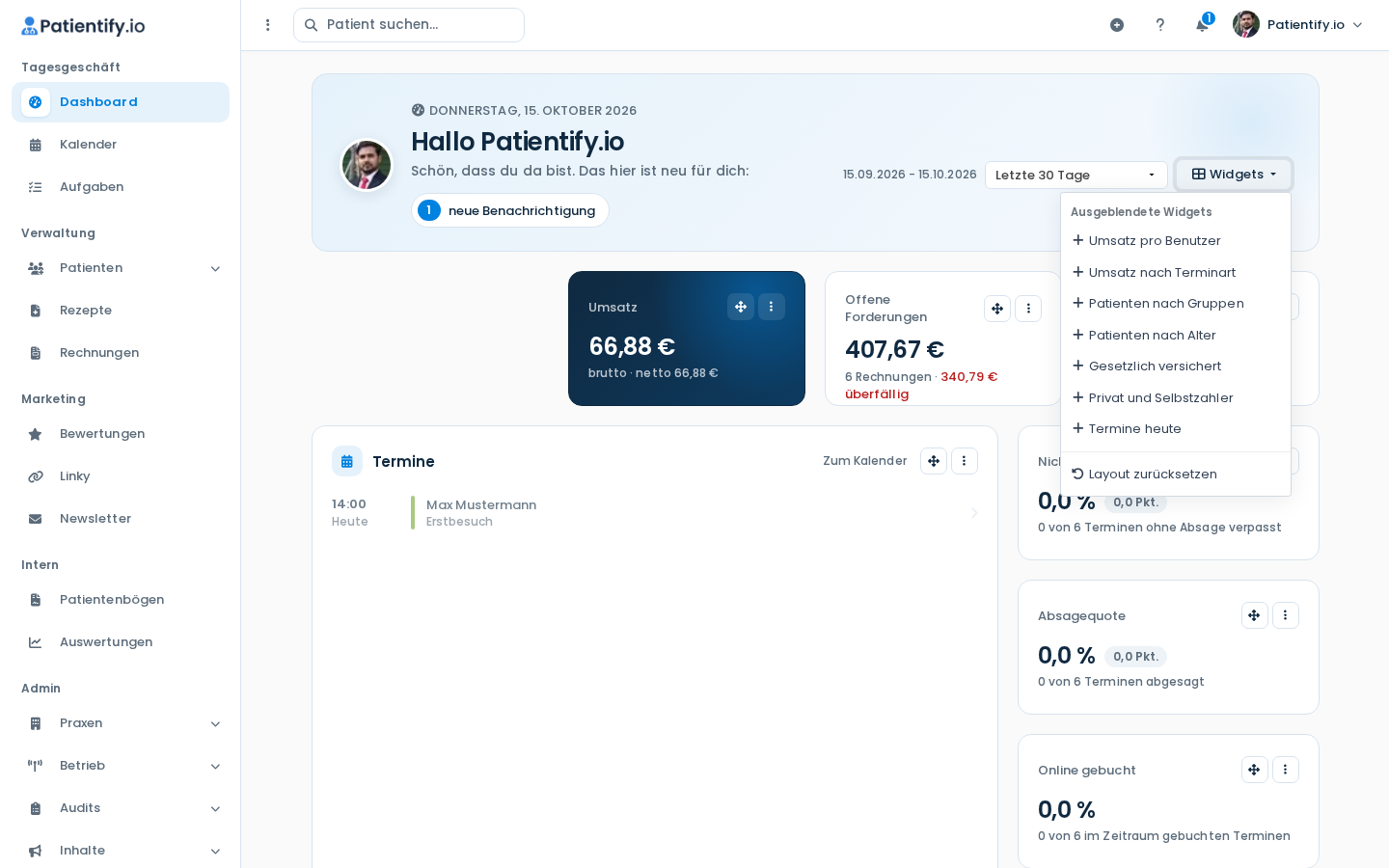 Geöffnetes Menü Widgets mit der Liste ausgeblendeter Widgets und dem Eintrag Layout zurücksetzen