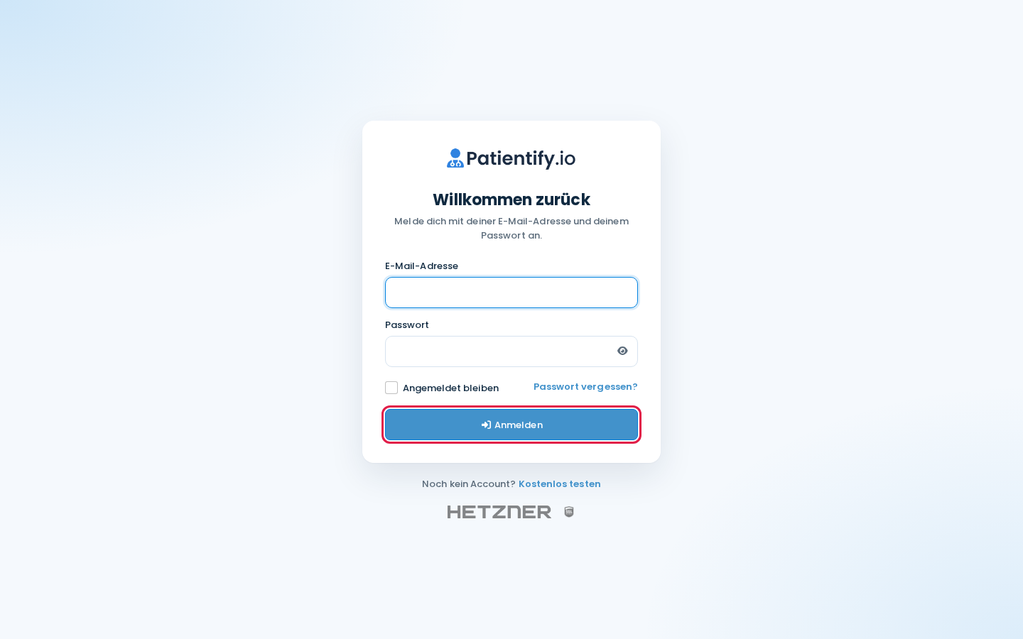 Anmeldeseite Willkommen zurück mit Feldern für E-Mail-Adresse und Passwort, Angemeldet bleiben und dem Button Anmelden