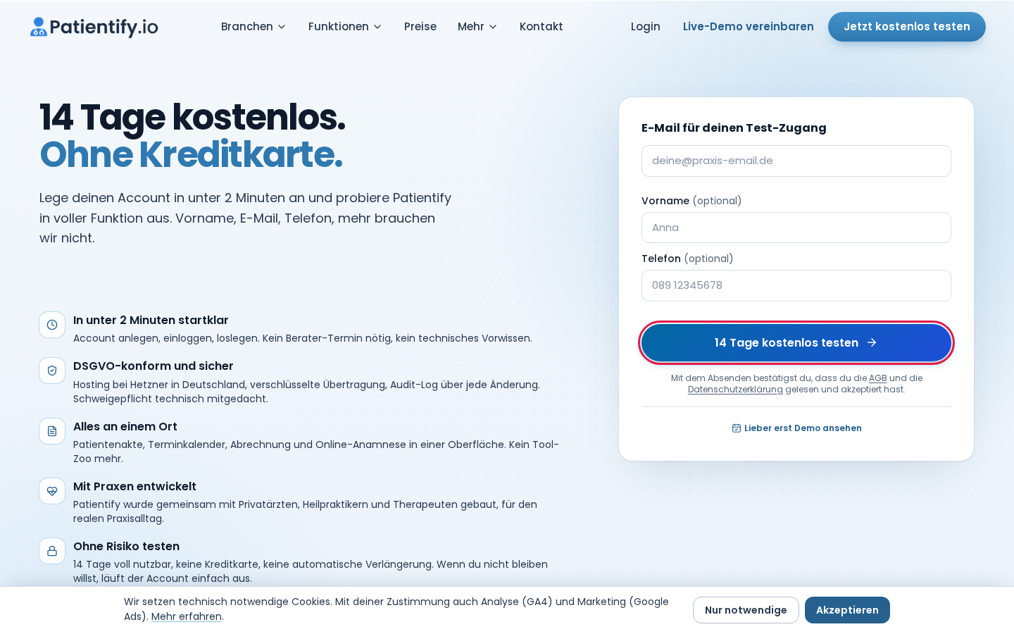 Formular für den Test-Zugang mit E-Mail, Vorname, Telefon und dem Button 14 Tage kostenlos testen