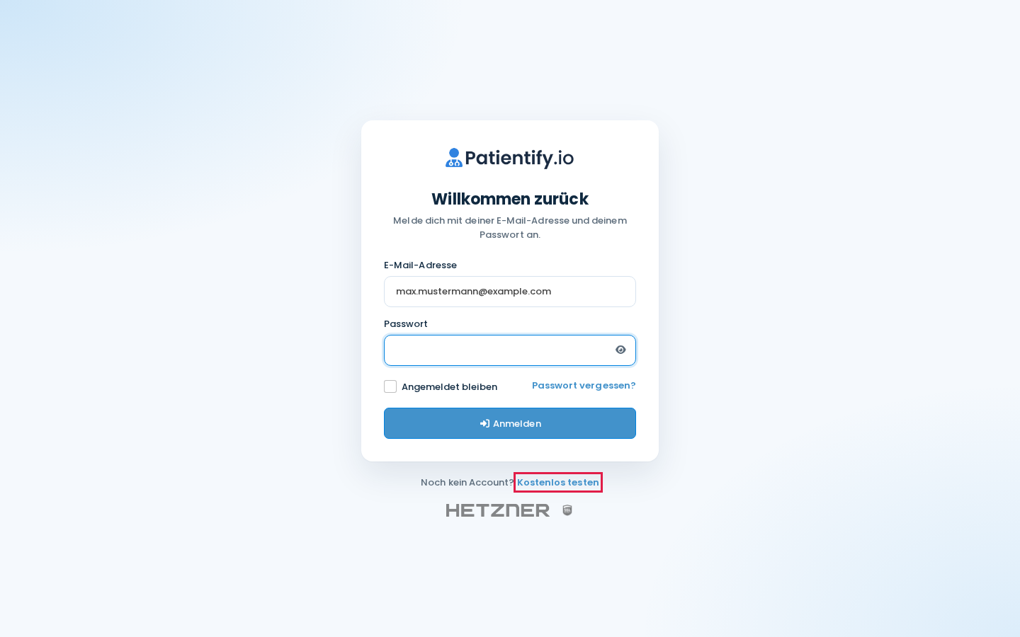 Anmeldeseite von Patientify mit dem Link Kostenlos testen unter Noch kein Account?