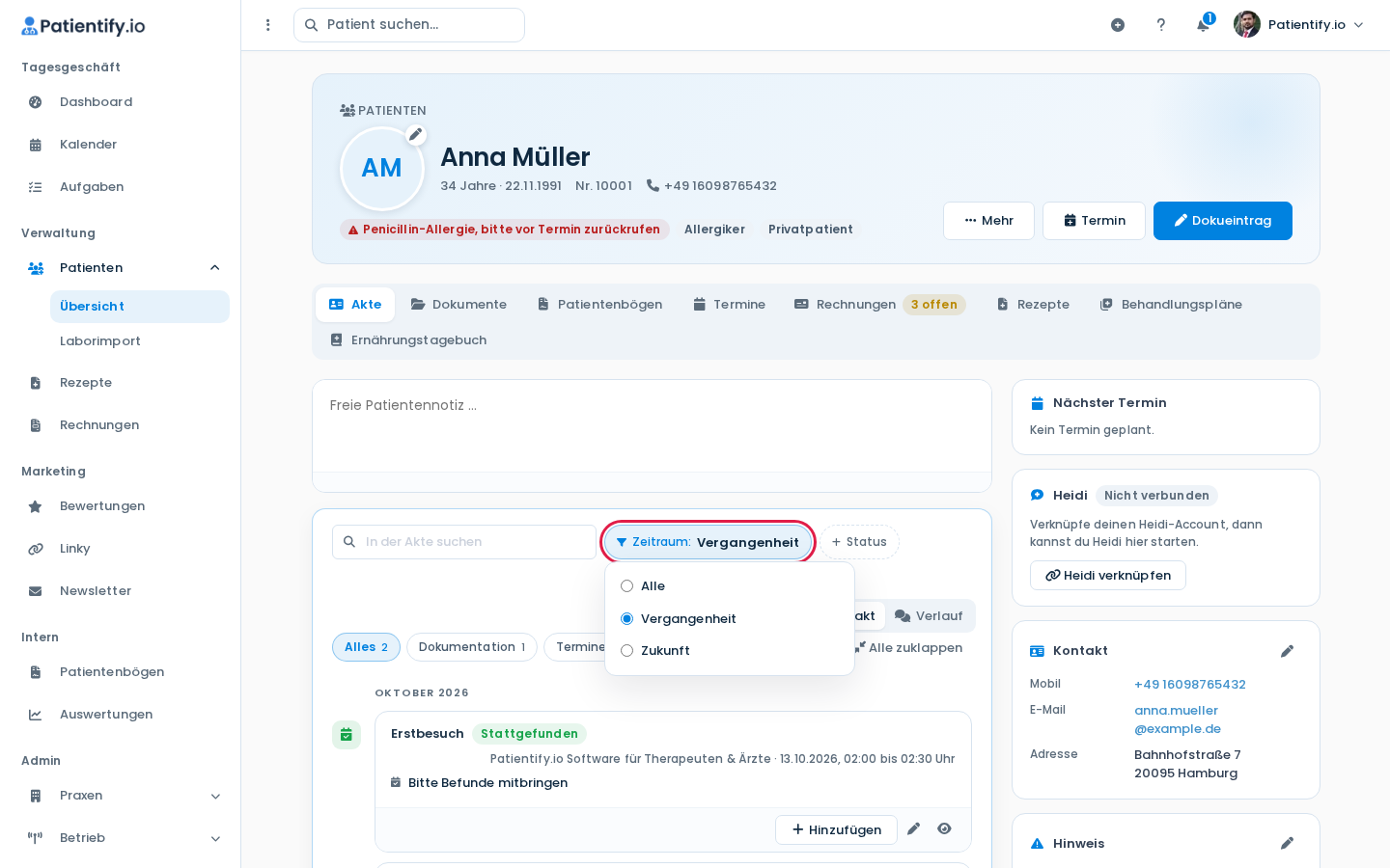 Geöffneter Zeitraum-Filter mit den Optionen Alle, Vergangenheit und Zukunft