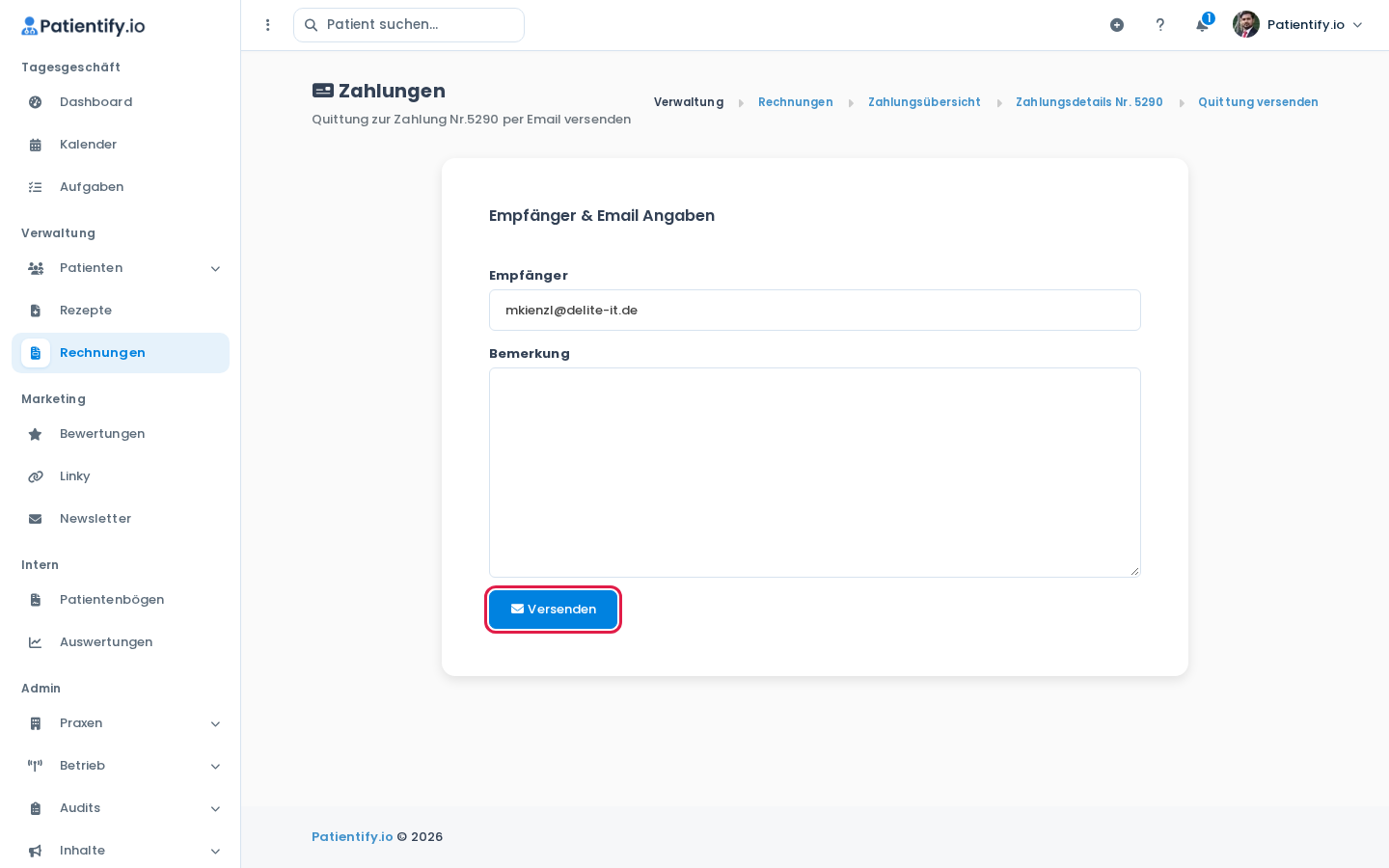 Formular zum Versenden der Quittung mit den Feldern Empfänger und Bemerkung